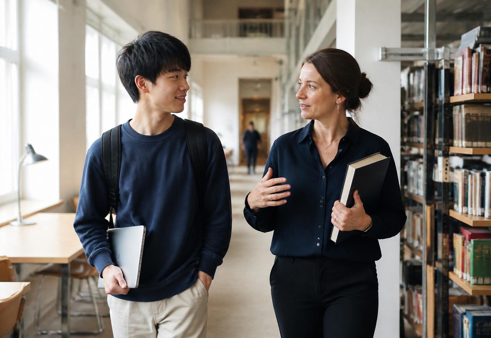 An international student and a mentor walking through a bright university corridor